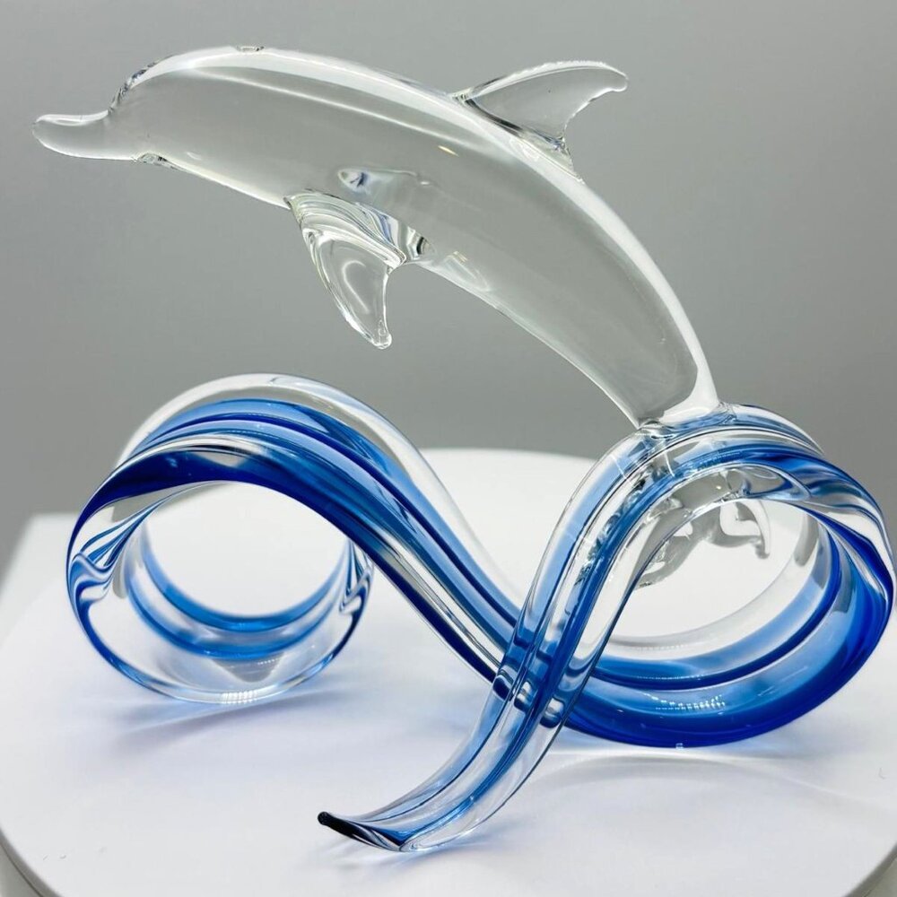 Glass Dolphin Figurine Handcrafted Blue Wave Ocean Coastal Decor